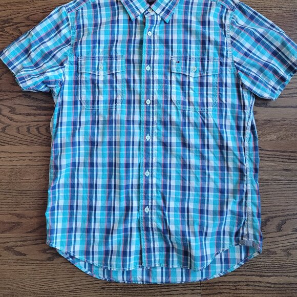 Tommy Hilfiger Plain Blue Short Sleeve Button Down Shirt Large L - Picture 3 of 5